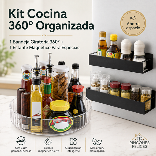 Kit Cocina 360° Organizada | Bandeja Giratoria Lazy Susan + Estante Magnético Para Especias
