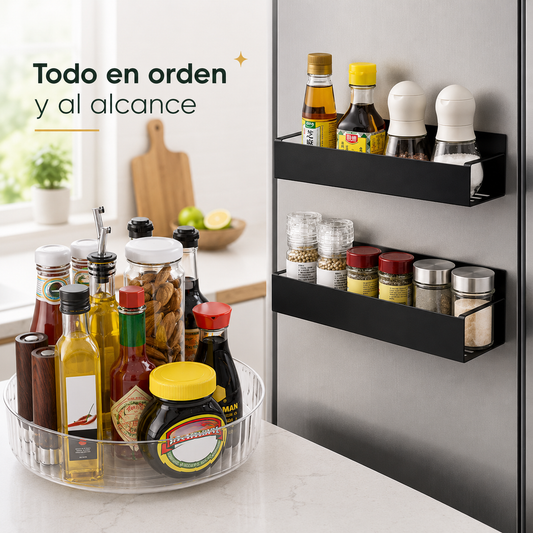 Kit Cocina 360° Organizada | Bandeja Giratoria Lazy Susan + Estante Magnético Para Especias
